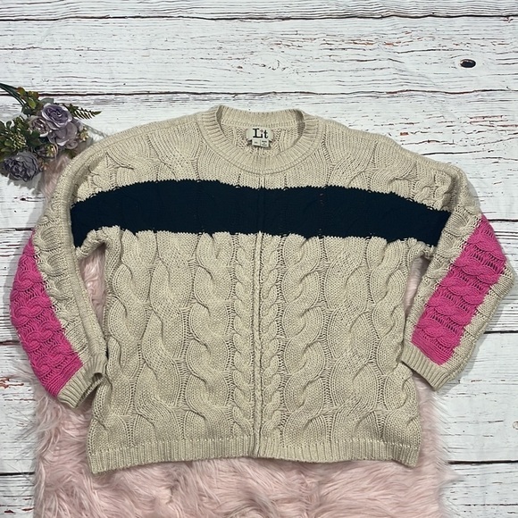 Label + Thread Clara Striped Crewneck Cable Sweater - Sand - Picture 2 of 12